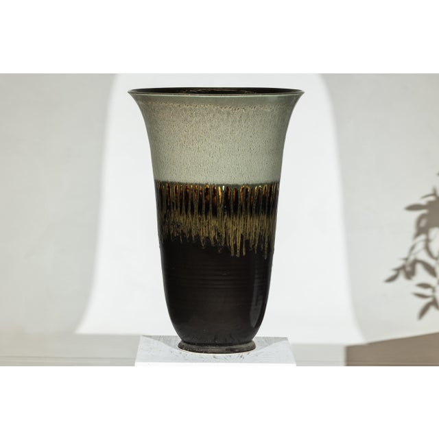 Late 20th Century Artisan Large Ceramic Planter with Green-Grey, Brown, and Ochre Drip Glaze For Sale - Image 18 of 18
