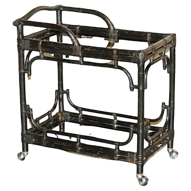 Mid-Century Chinese Modern Ebonised Serving Trolley with Bamboo Frame For Sale