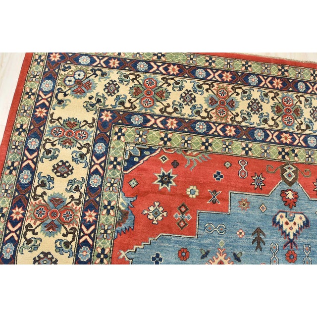 Kazak Rug 9'1'' X 12'5'' Blue Wool Tribal Hand-Knotted Oriental Carpet For Sale In Philadelphia - Image 6 of 12