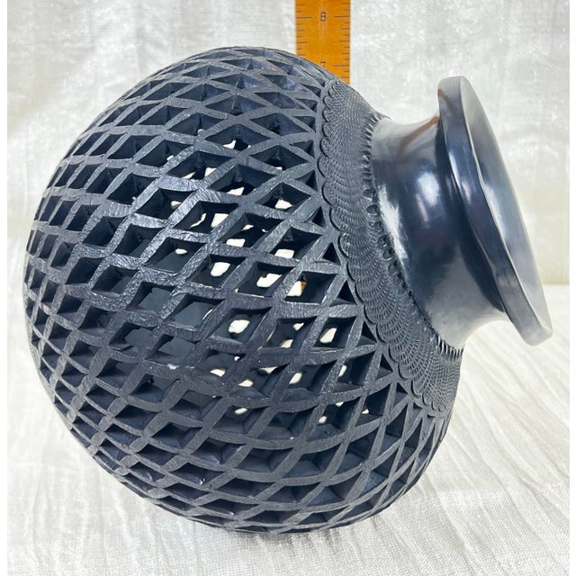 Hand-Carved Barro Negro Lattice Vessel, Sculptural Black Pottery Lantern Form For Sale - Image 4 of 11