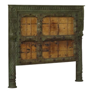 Queen Headboard Constructed From an Antique Indian Painted Teakwood Door and Pillars For Sale