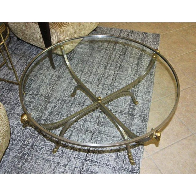 1960's Vintage Jansen Style Italian Brass Steel Round Coffee Table For Sale - Image 4 of 13