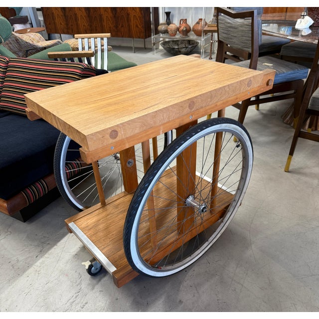 Bill W. Saunders Butcher Block Bar Cart with Bicycle Wheels For Sale - Image 12 of 12