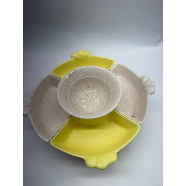 Mid-Century Modern Vintage Mid-Century Modern Yellow & Speckled Ceramic Lazy Susan Hostess Snack Set With Wooden Base - 6 pcs For Sale - Image 3 of 10