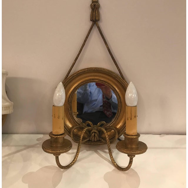 Gold Pair of Mirrored and Giltwood Two Light Bullseye Sconces NYC, circa 1910 For Sale - Image 8 of 14