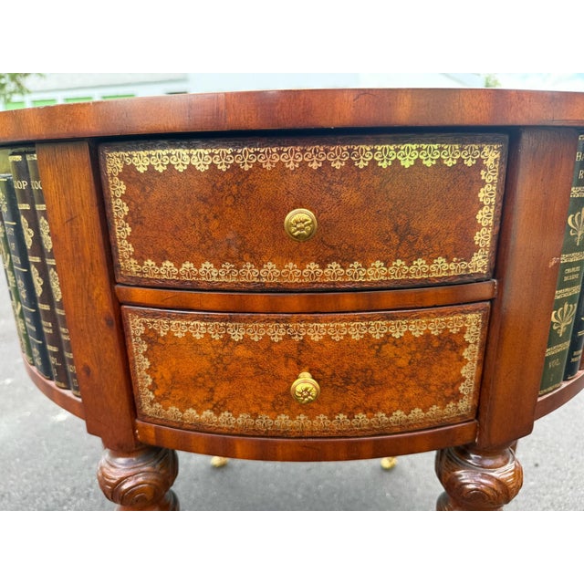 Hollywood Regency Maitland Smith Embossed Leather Top Table. Leather Bound Faux Books For Sale - Image 3 of 11