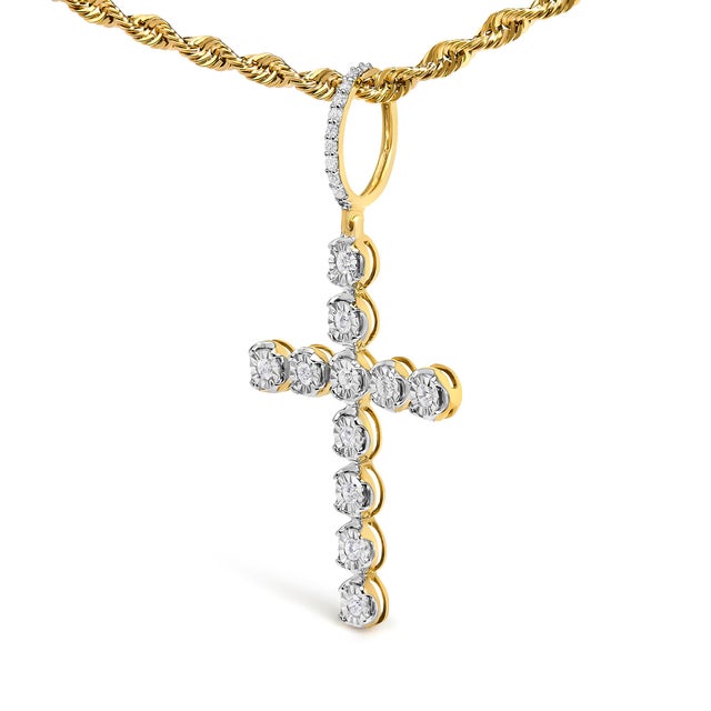 Haus of Brilliance 10K Yellow Gold 5/8 Cttw Miracle Set Round Diamond Circle Link Cross Men's Pendant Necklace For Sale - Image 4 of 4
