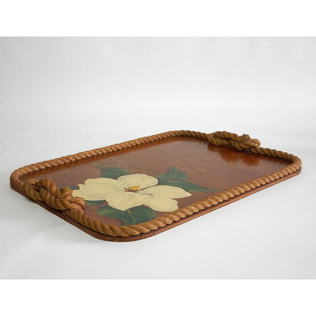 Large hand crafted and painted plywood serving tray from Josephine De Ville of Miami, trimmed in old hemp rope, circa...