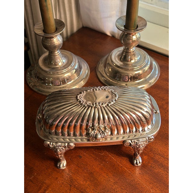 Rococo Vintage F B Rogers Silver Co Roll Top Baroque Butter Dish With Lion Mask Feet and Glass Liner For Sale - Image 3 of 9