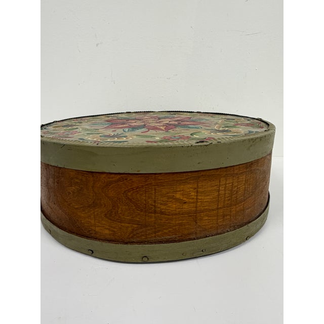 Vintage Hand-Painted Round Wooden Cheese Box – Floral Folk Art For Sale - Image 9 of 15