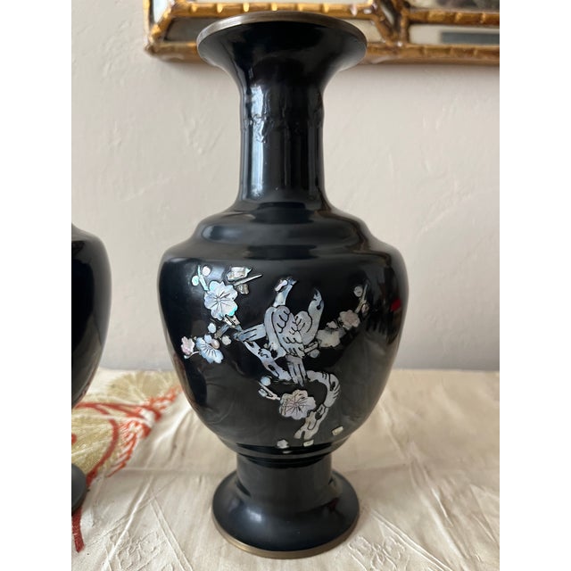 Pair of Vintage 9" Korean Black Enamel Brass Vases, Mother of Pearl Inlay For Sale - Image 4 of 7