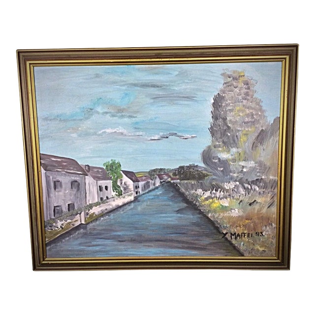 Oil Painting by Y. Maffei - Small Town by a Riverside Scene For Sale
