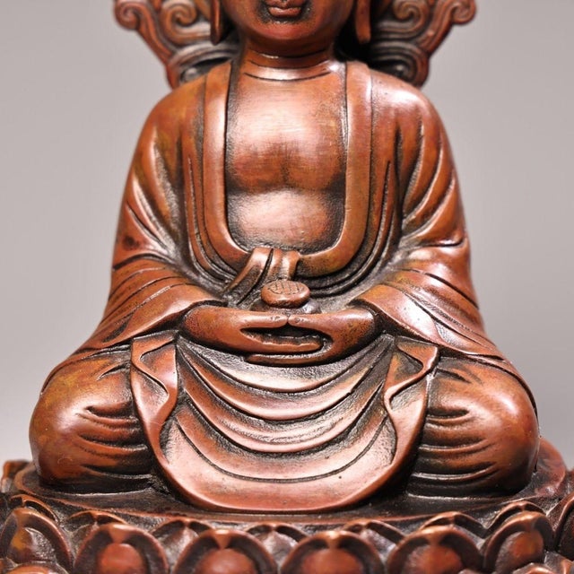 Copper Shakyamuni Buddha Statue With Inlaid Gemstone For Sale - Image 4 of 10