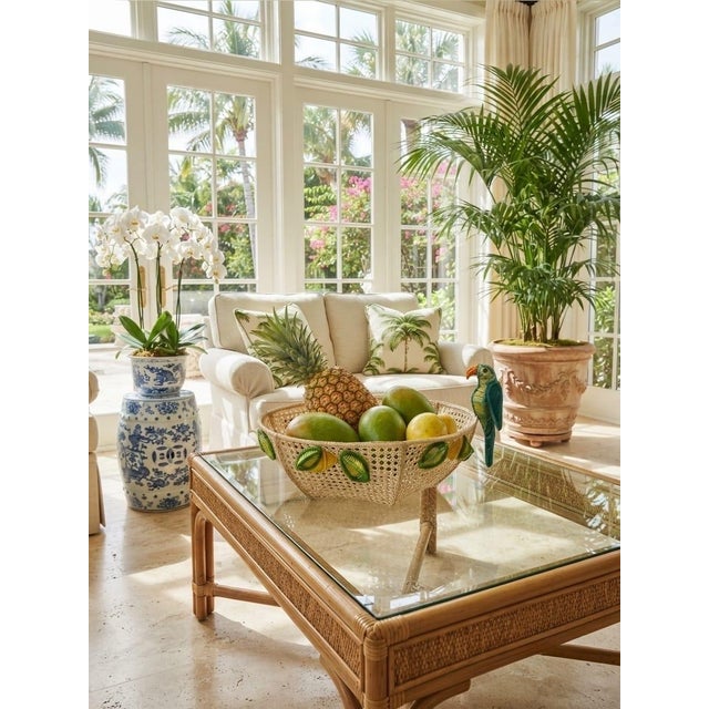 Vintage Tropical Raffia & Cane Fruit Bowl With Perched Parrot & Lemon Accents For Sale - Image 10 of 12