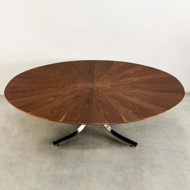 Vintage 70s Osvaldo Borsani Oval Dining Table Walnut Starburst Top & Chrome Base For Sale - Image 9 of 10