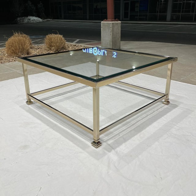 Welded steel brass plated coffee table having chamfered edge glass in-set top in Mastercraft, manner of D.I.A. (Design...