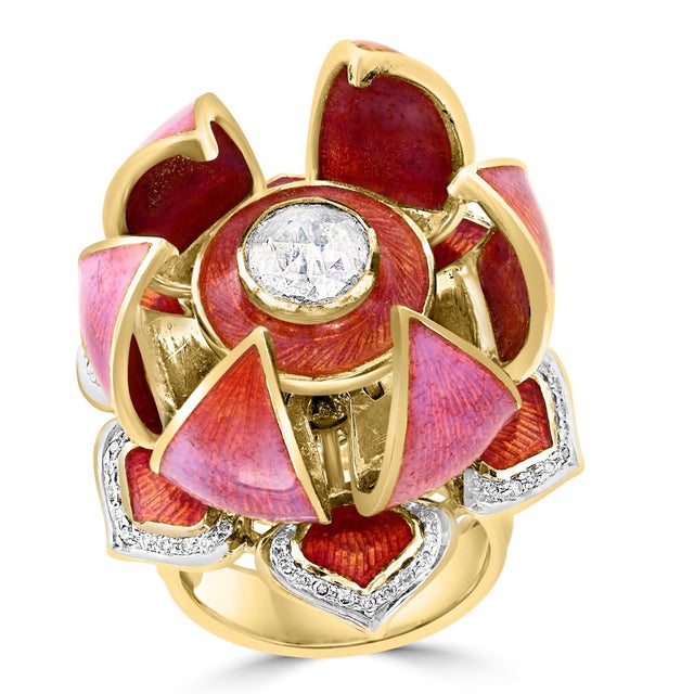 Gorgeous Lotus Flower which open & Close with solitaire Diamond and Enamel S 6.5 For Sale - Image 17 of 18