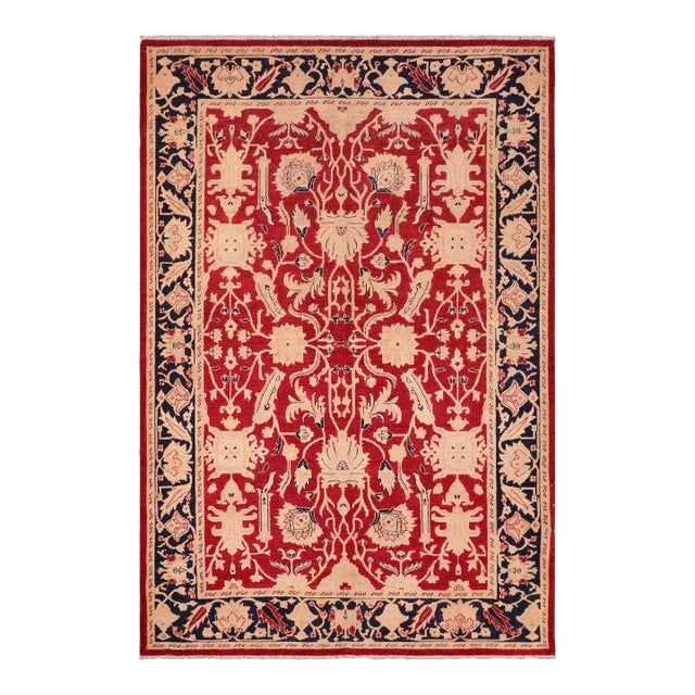 Oriental Ziegler Red Blue Hand-Knotted Wool Rug - 6'4'' X 9'0'' For Sale