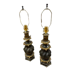 19th Century Bronze and Ormolu Oil Lamps on Marble Base, Converted Electric - a Pair