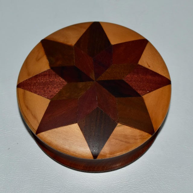 Brown Vintage Star Inlay Round Wood Box For Sale - Image 8 of 13