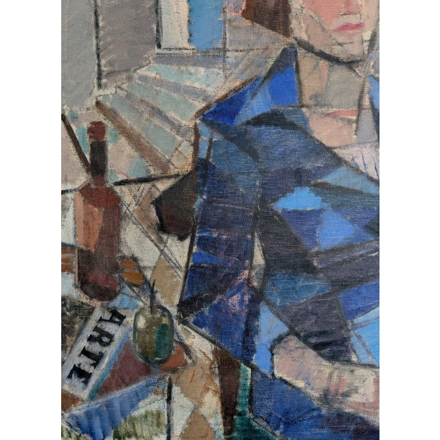 Mid-Century Modern 'Woman in a Blue Coat' Vintage Swedish Cubist Figurative Oil Painting, Framed For Sale - Image 10 of 11