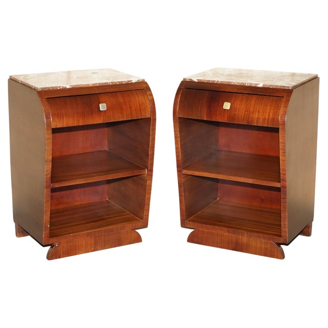 French Art Deco Hardwood Bedside Tables with Marble Tops, 1920s, Set of 2 For Sale