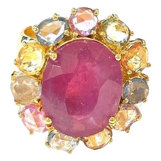 Bochic "Orient" Red Ruby & Multi Color Sapphire Cocktail Ring, 18K Gold & Silver For Sale