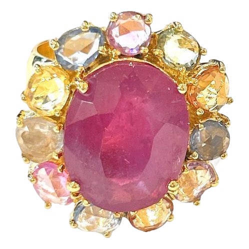 Bochic "Orient" Red Ruby & Multi Color Sapphire Cocktail Ring, 18K Gold & Silver For Sale