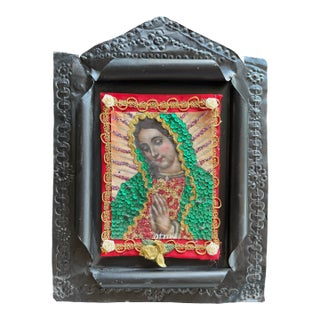 Mexican Devotional Nicho With Black Curled & Pressed Tin Frame For Sale