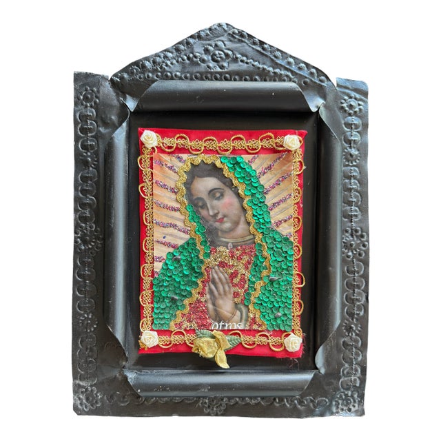 Mexican Devotional Nicho With Black Curled & Pressed Tin Frame For Sale