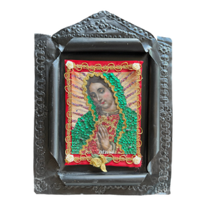 Mexican Devotional Nicho With Black Curled & Pressed Tin Frame