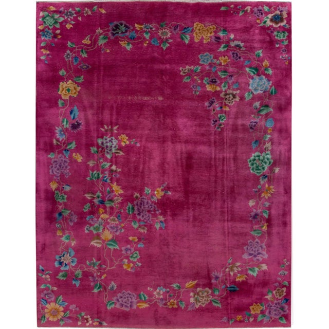 Pink Antique Art Deco Chinese Handmade Floral Wool Rug For Sale - Image 9 of 9