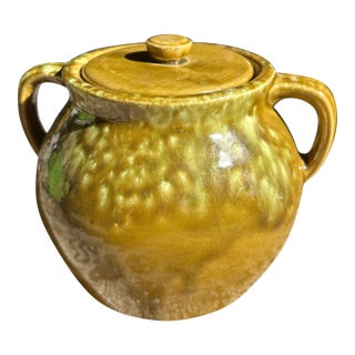 Vintage Mid-Century Usa Pottery Lidded Sugar Bowl | Drip Glaze Mustard & Moss Stoneware Lidded Vessel Jar For Sale