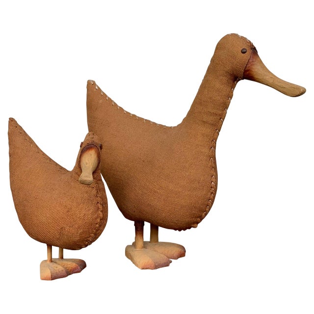 Brown Midcentury Pair of Wicker Woven Ducks with Wood Details For Sale - Image 8 of 18