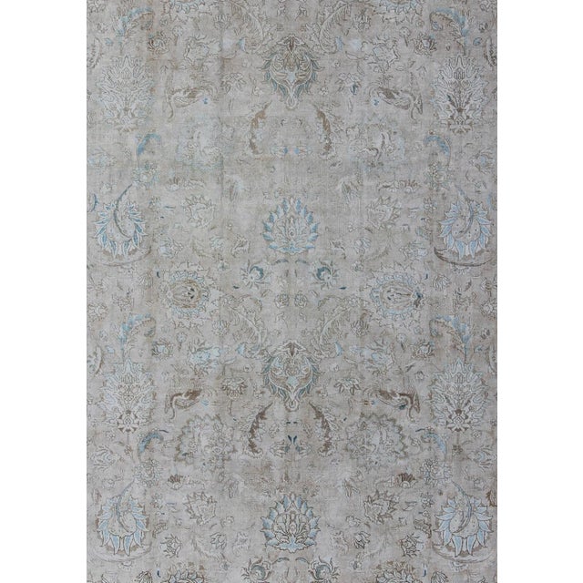 Vintage Tabriz Rug With Soft Floral Medallion Design in Neutral Distressed Tones 9'8 X 12'6 For Sale - Image 4 of 15