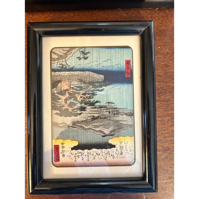 Blue Vintage Japanese Hiroshige-Style Landscape Prints in Black Frames, Pair For Sale - Image 8 of 8