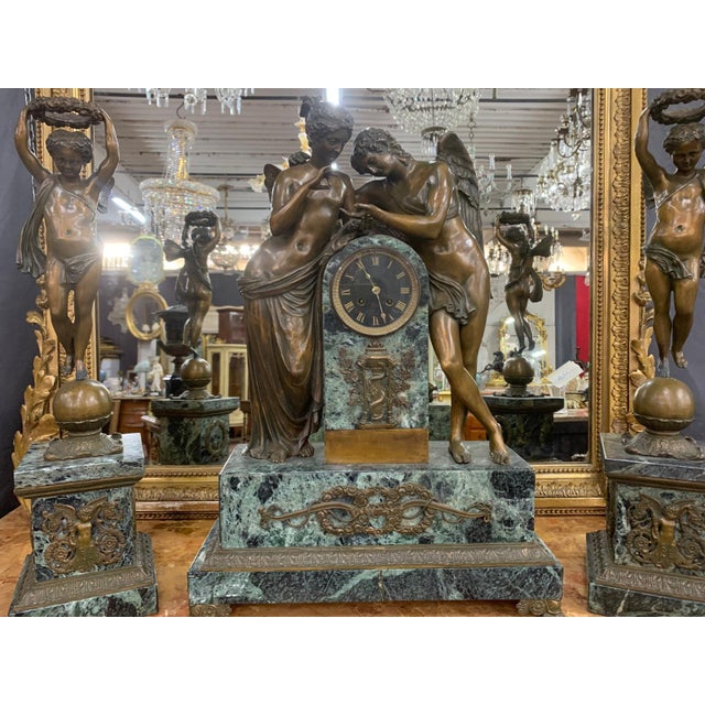 Metal Antique French Mantel Clock in Bronze and Marble, 1850 For Sale - Image 7 of 11