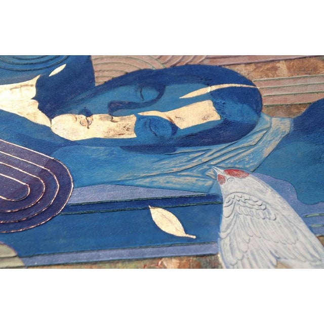 Contemporary Medium Original Blue Mineral Pigment Painting Male Figures White Bird For Sale - Image 3 of 5