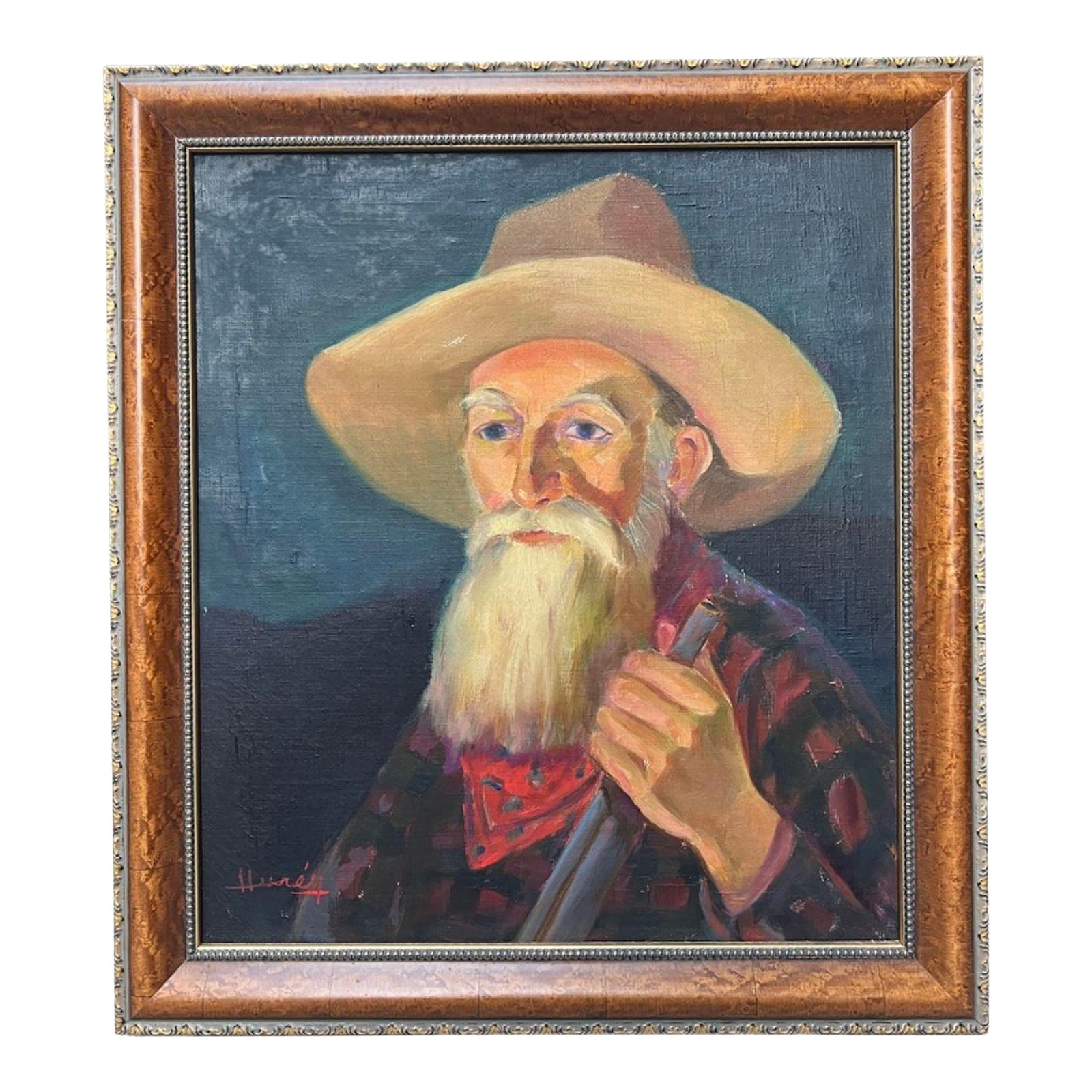 Vintage Framed Western Oil Portrait of Bearded Frontiersman | Chairish