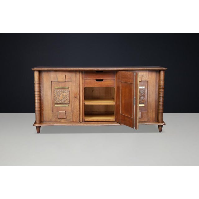 French Art Deco Oak and Brass Sideboard with Carved Reliefs, 1930s For Sale - Image 6 of 18