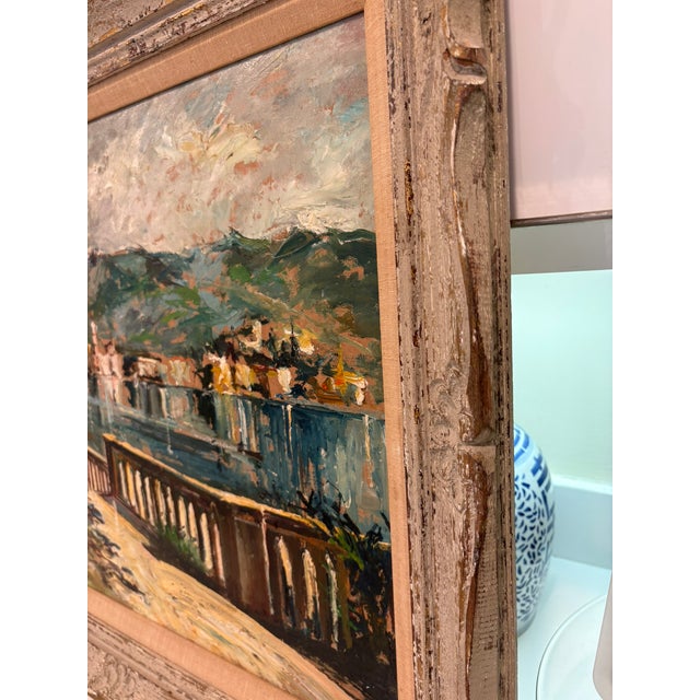 Vintage Textured Impressionist Oil Painting Cote d'Azur Coastal Town Landscape in Carved Wood Frame For Sale - Image 11 of 15