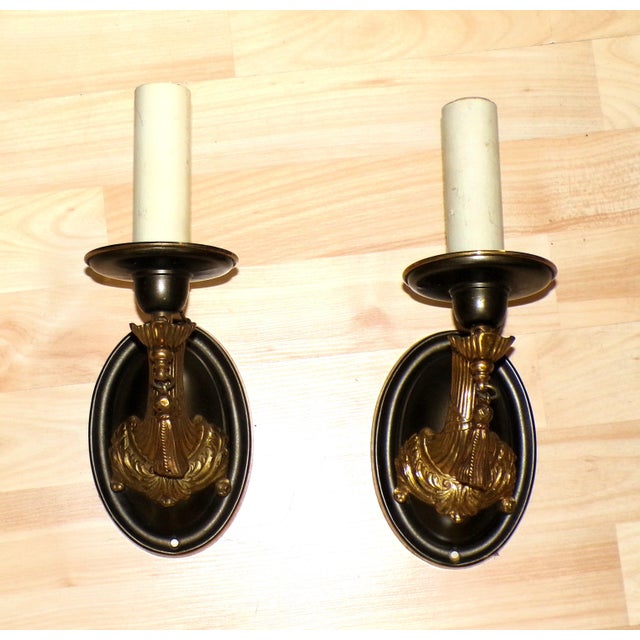 Brass Vintage Pair Art Nouveau Gilt Brass Sconces Wall Lamp Fixtures With Tassels For Sale - Image 8 of 13