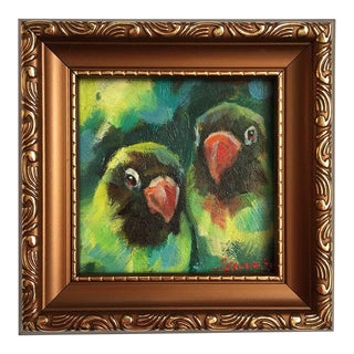 Framed Original Small Painting Birds Parrot by Valeriya Serova For Sale