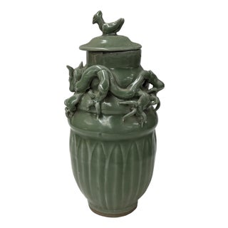 Vintage Oriental Dragon Motif Celadon Glaze Ceramic Art Jar For Sale