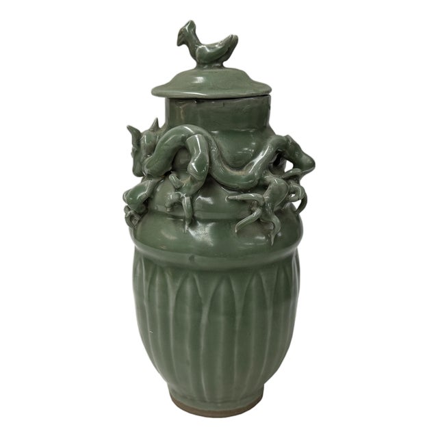 Vintage Oriental Dragon Motif Celadon Glaze Ceramic Art Jar For Sale