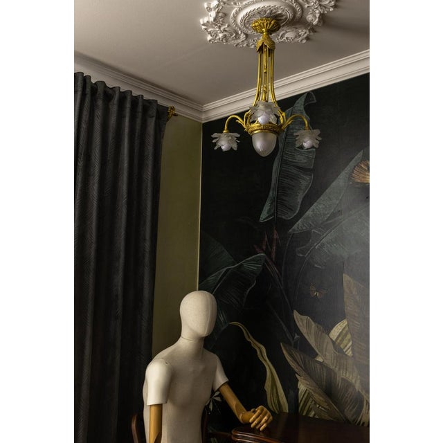 French Neoclassical Style Bronze and Frosted Glass Four-Light Chandelier, 1920 For Sale - Image 11 of 18