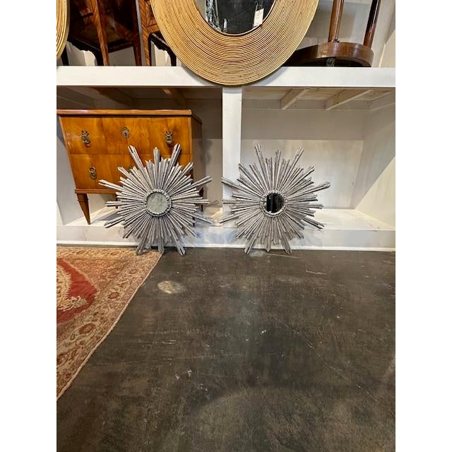 Vintage Italian carved wood silver leaf sunburst mirrors. Circa 1940. Perfect for today's transitional designs! One left!