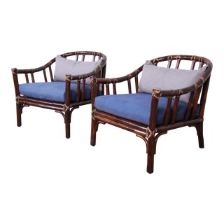 McGuire Hollywood Regency Mid-Century Modern Bent Rattan Lounge Chairs, Pair For Sale