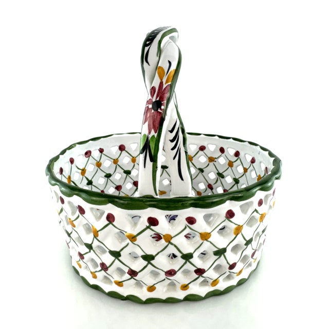 White Vintage Hand-Painted Portuguese Ceramic Basket by R.E.C., Portugal For Sale - Image 8 of 12
