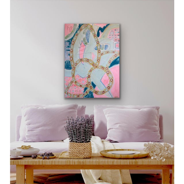 Large Contemporary Abstract Acrylic Painting – Pink, Teal & Circular Motif For Sale - Image 4 of 11